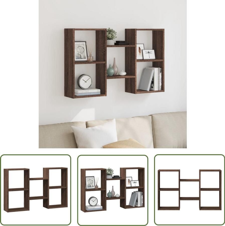 The Living Store Wandschap 96x18x60 cm bewerkt hout bruin eikenkleurig Wandschappen Houten Wandplank Opbergwand Muurkastje Design Wanddecoratie
