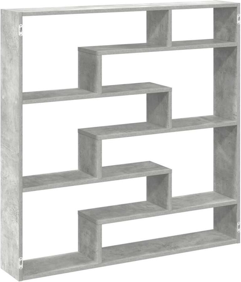 The Living Store Wandschap kubus 7 vakken bewerkt hout betongrijs Wandplankje Houten Plank Opslagkast Woonaccessoires Kastje