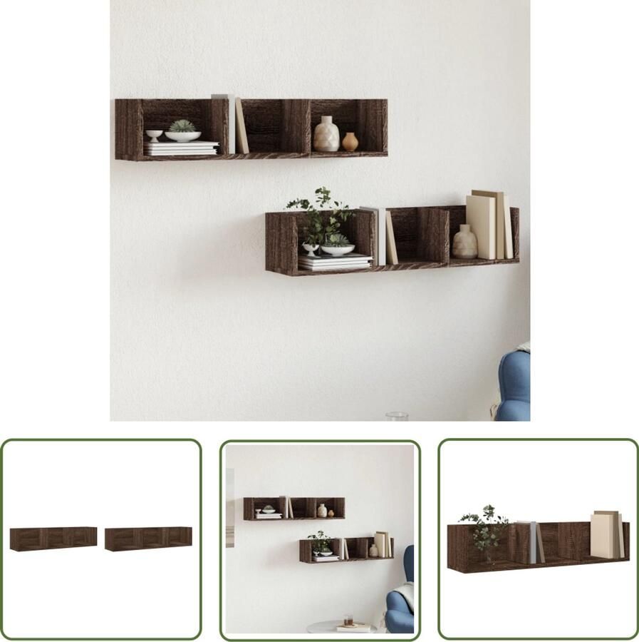 The Living Store Wandkasten 2 st 75x18x16 5 cm bewerkt hout bruin eikenkleur Wandkast Zwevende Kast Houten Kast Bruine Eiken Kleur Opbergkast