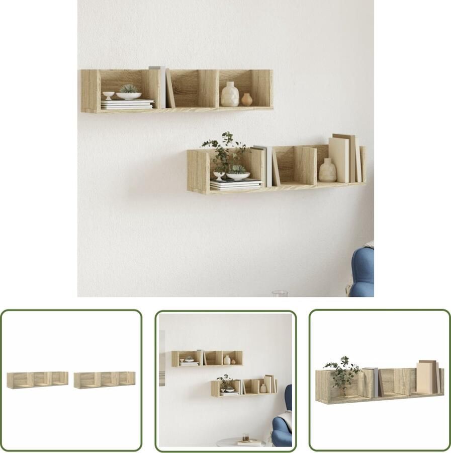 The Living Store Wandkasten 2 st 75x18x16 5 cm bewerkt hout sonoma eikenkleurig Zwevende Wandkast Wanddecoratie Opbergkast Houten Kast Salontafel