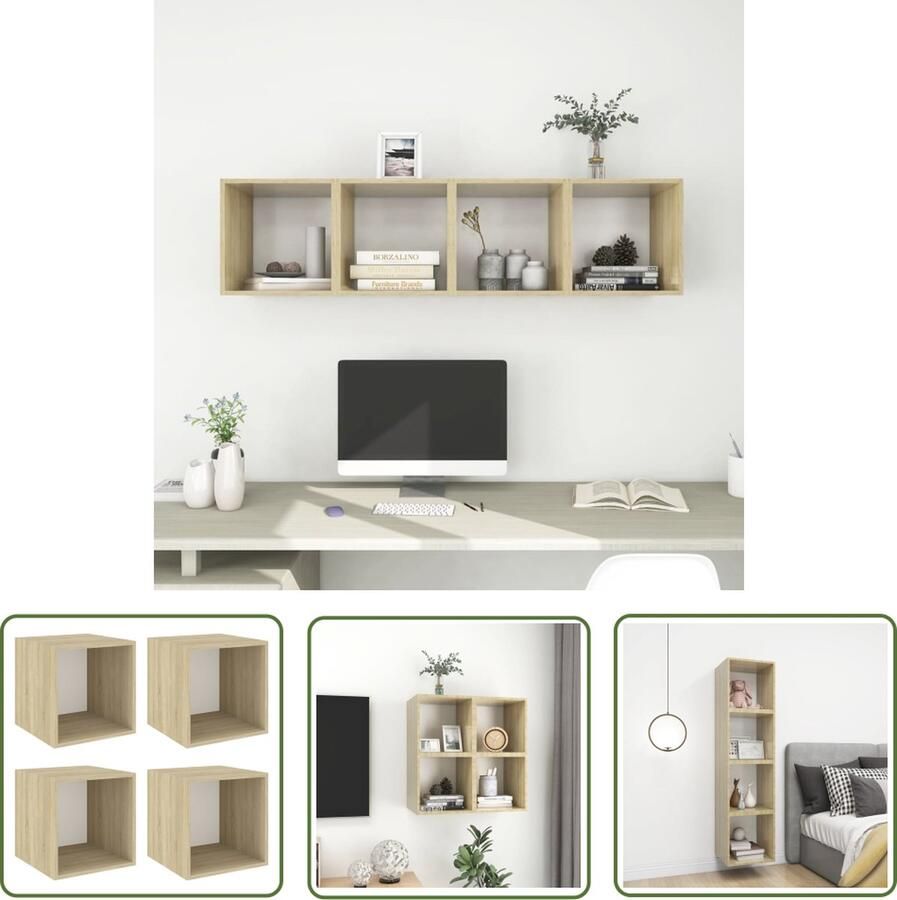 The Living Store Wandkasten 4 st 37x37x37 cm bewerkt hout wit sonoma eikenkleur Hangkast Wandkast Badkamermeubilair Woonkamerdecoratie Opslagoplossing
