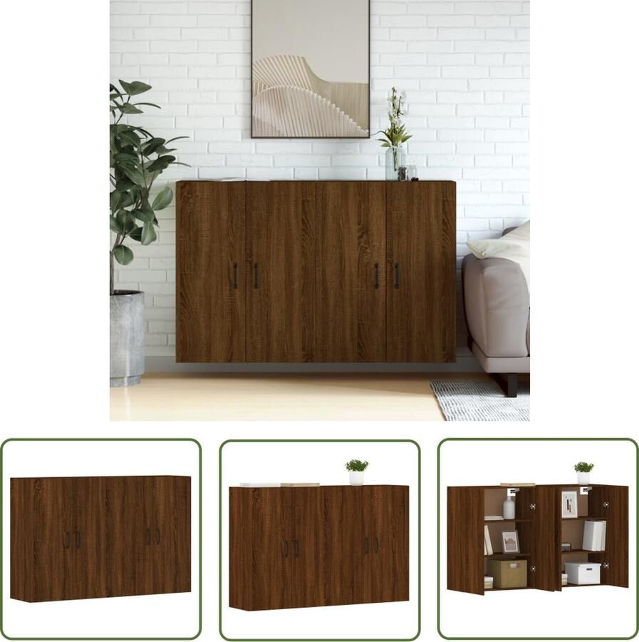 The Living Store Hangkasten 2 st bewerkt hout bruin eikenkleur Wandkast Houten Kast Bruine Eiken Opbergkast Livingroom Meubels