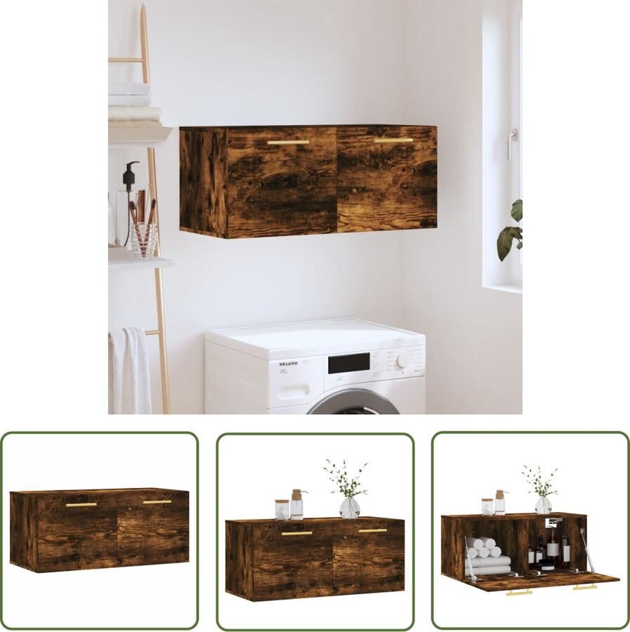 The Living Store Zwevende Wandkast Gerookt Eiken 80 x 36.5 x 35 cm Bewerkt Hout Zwevende Wandkast Houten Kast Bergruimte Badkamerkast Slaapkamerkast - Foto 2
