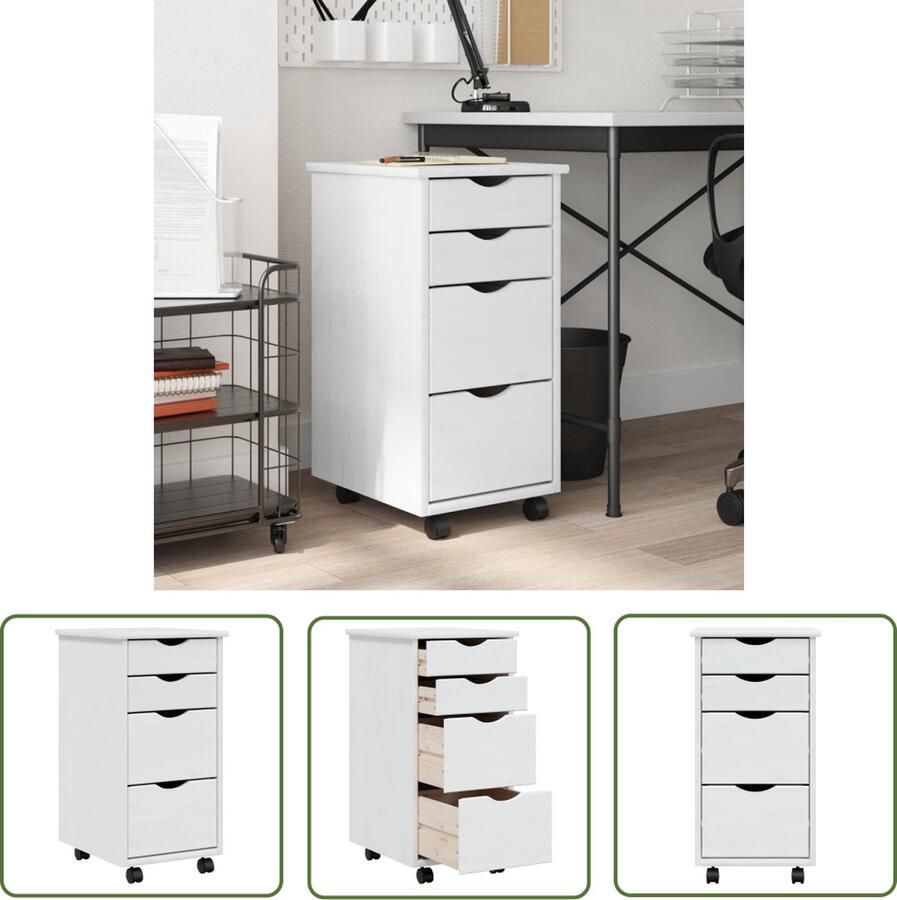 The Living Store Ladekast MOSS verrijdbaar massief grenenhout wit Verrijdbare Kast Houten Kasten Opslagoplossing Bureaustool Thuiskantoor - Foto 2