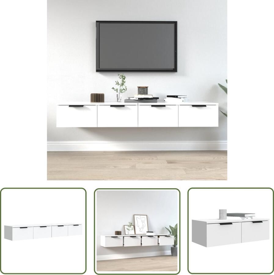 The Living Store Wandkasten 2 st 68x30x20 cm bewerkt hout wit Wandkast Kastjes Opbergruimte Keukenoplossing Badkamermeubilair