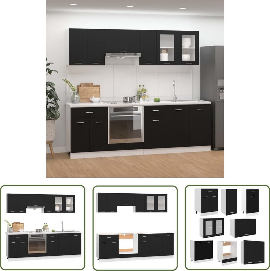 The Living Store 8-delige Keukenkastenset bewerkt hout zwart Keukenkasten Keukeninrichting Kookeiland Opslagoplossing Houten Kasten