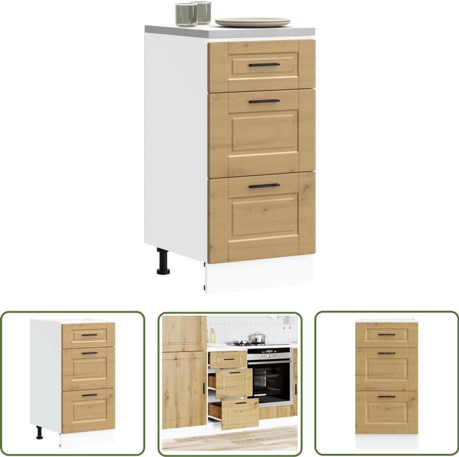 The Living Store Keuken onderkast Porto bewerkt hout artisanaal eikenkleur Keukenonderkast Houten Keukenkast Opslagoplossing Keuken Keukenmeubilair Eiken Kleur Kast