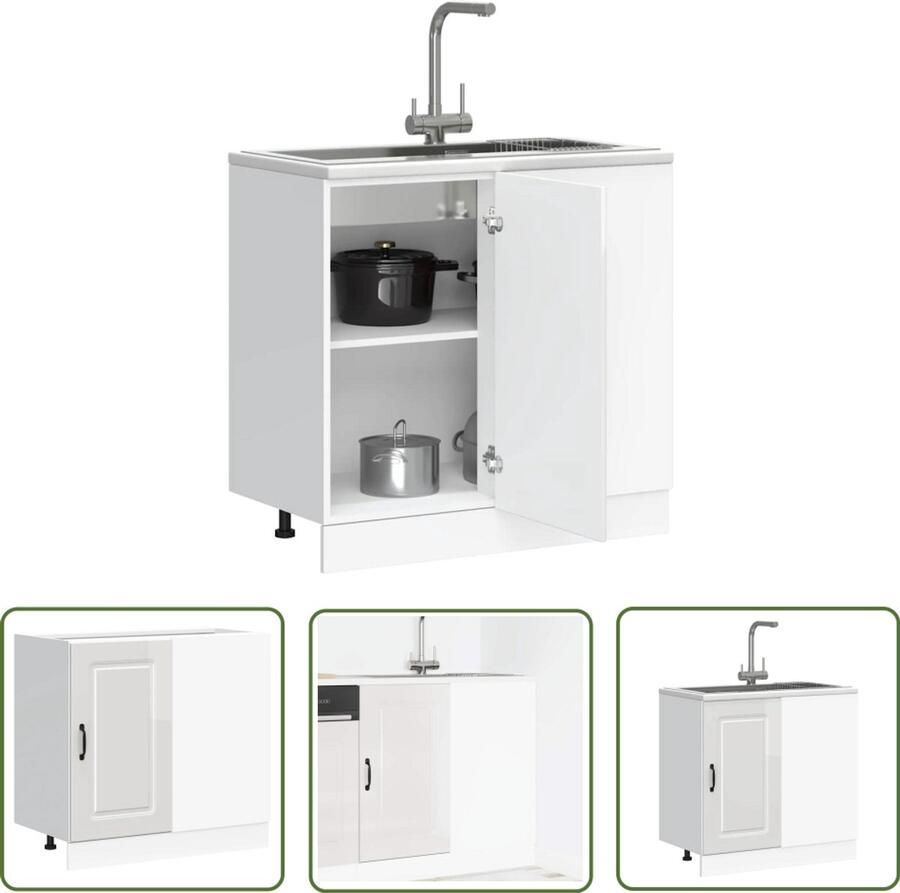 The Living Store Keuken onderkast Kalmar bewerkt hout hoogglans wit Keukenonderkast Houten Keuken Opslagoplossing Keuken Keukenmeubilair Kookeiland