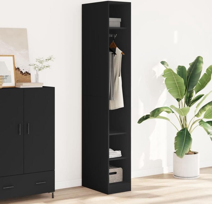 The Living Store Kledingkast 30x50x200 cm bewerkt hout zwart Kledingkast Houten Kledingkast Kledingopbergers Garderobe Wandcloset