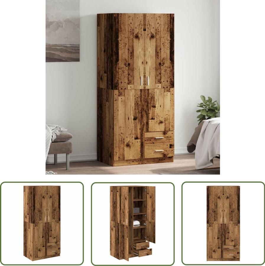 The Living Store Kledingkast 80x52x180 cm bewerkt hout oud houtkleurig Kledingkast Houten Kledingkast Vintage Kledingkast Opslagkasten Garderobe