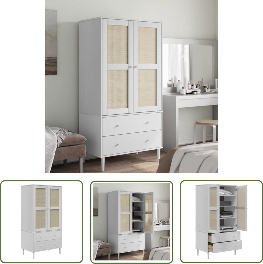 The Living Store SENJA Klassieke Houten Kledingkast 90 x 55 x 175 cm Massief Grenenhout+UV-vernis Rattan Uitstraling Klassieke Kledingkast Houten Kledingkast Grenenhouten Kast Garderobe Bergkast