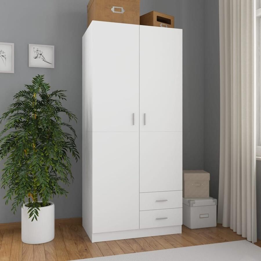 The Living Store Kledingkast 80x52x180 cm bewerkt hout wit Witte Kledingkast Houten Kledingkast Compact Dressoir Kledingopslag Bergruimte
