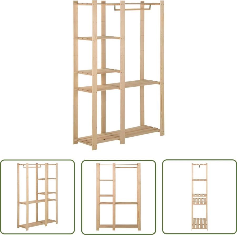The Living Store Klerenrek Massief grenenhout 110 x 38 x 170 cm Met 5 schappen en hangstang Kledingrek Houten Kledingrek Grenenhouten Kledingrek Kledingkast Opbergmeubel