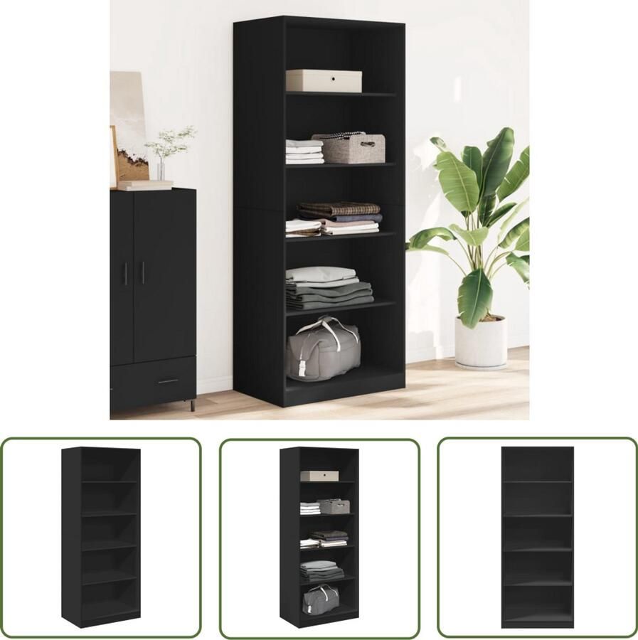 The Living Store Kledingkast 80x50x200 cm bewerkt hout zwart Kledingrek Houten Kledingrek Garderobe Opbergkast Kledingopstelling