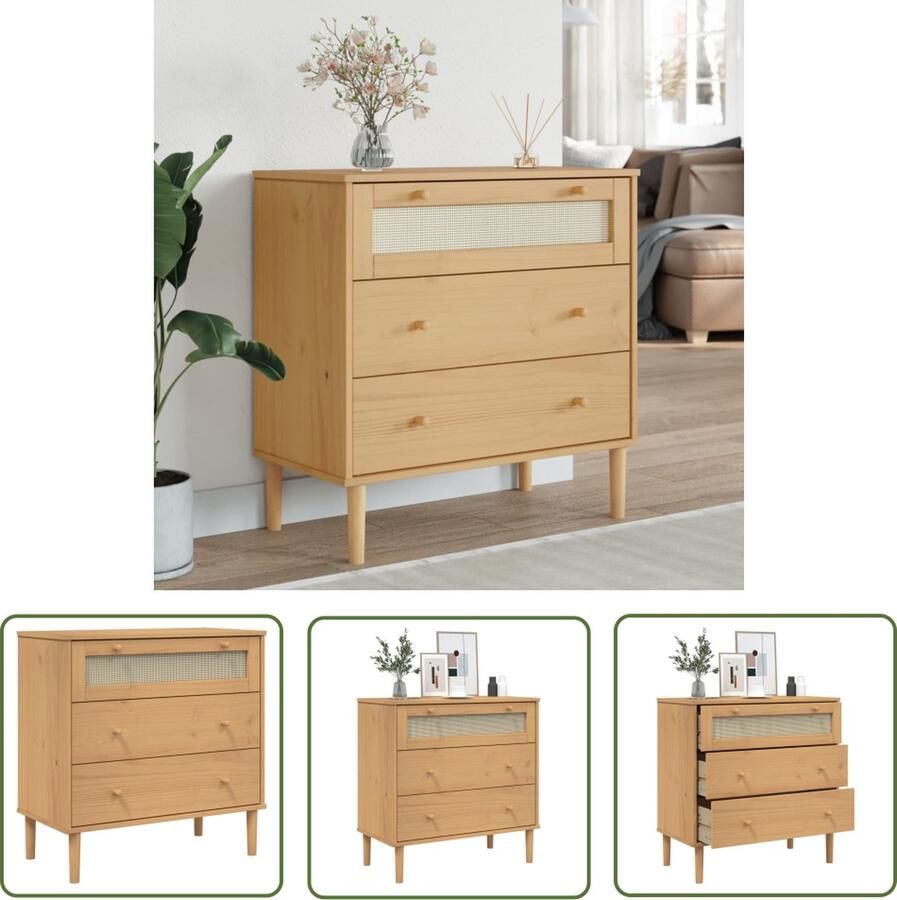 VidaXL Houten Ladekast SENJA rattan-look 80x40x80 cm massief grenenhout bruin Grenenhouten Kast Vintage Kast Industriële Kast