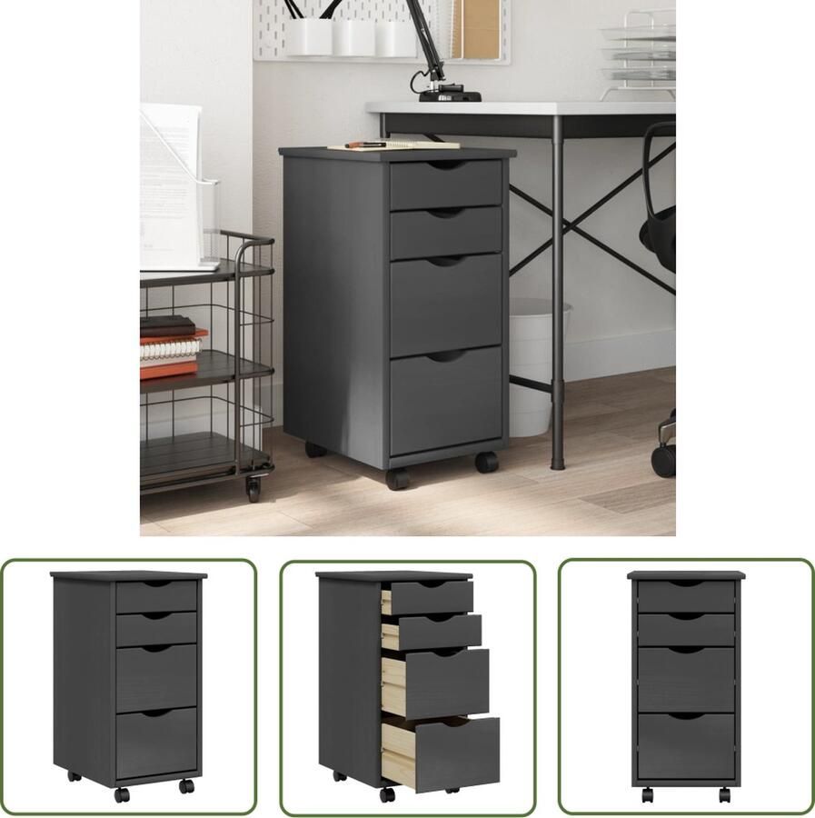 The Living Store MOSS Verrijdbare ladekast 34 x 39 x 65.5 cm Grijs Massief grenenhout Verrijdbare Ladekast Houten Ladekast Opbergkast Grenoble Meubilair Grijze Ladekast - Foto 2