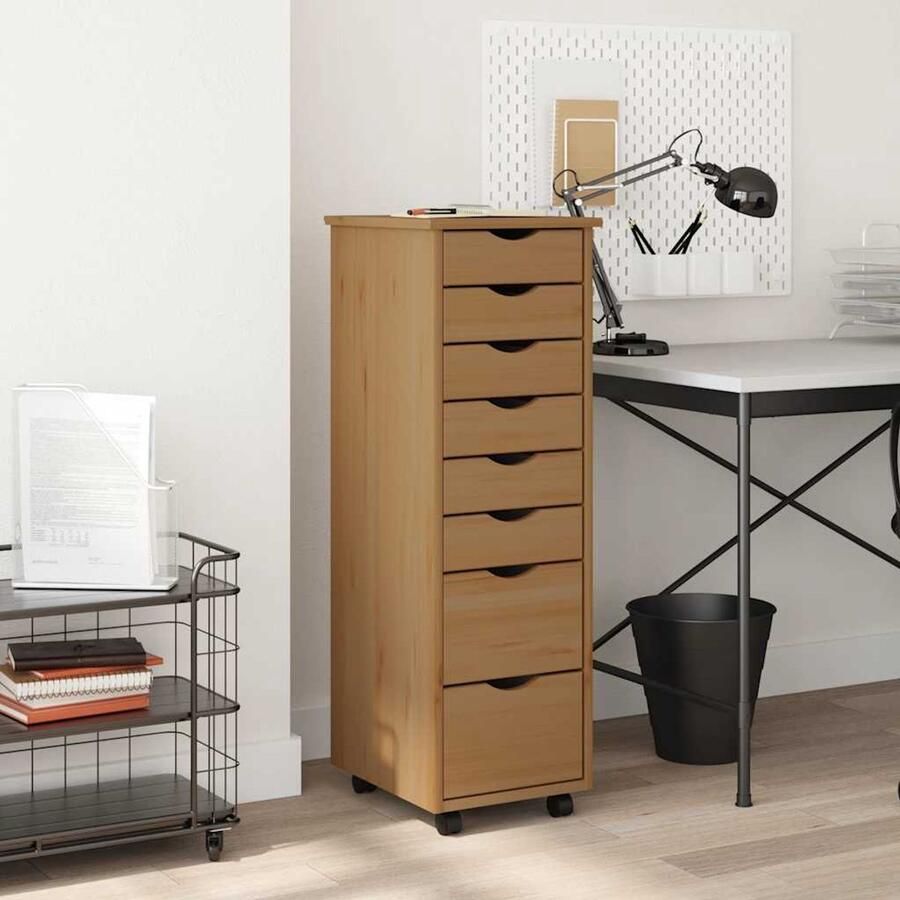 The Living Store Ladekast MOSS verrijdbaar massief grenenhout honingbruin Verrijdbare Ladekast Houten Ladekast Opbergkast Ladeblokje Bureaustool