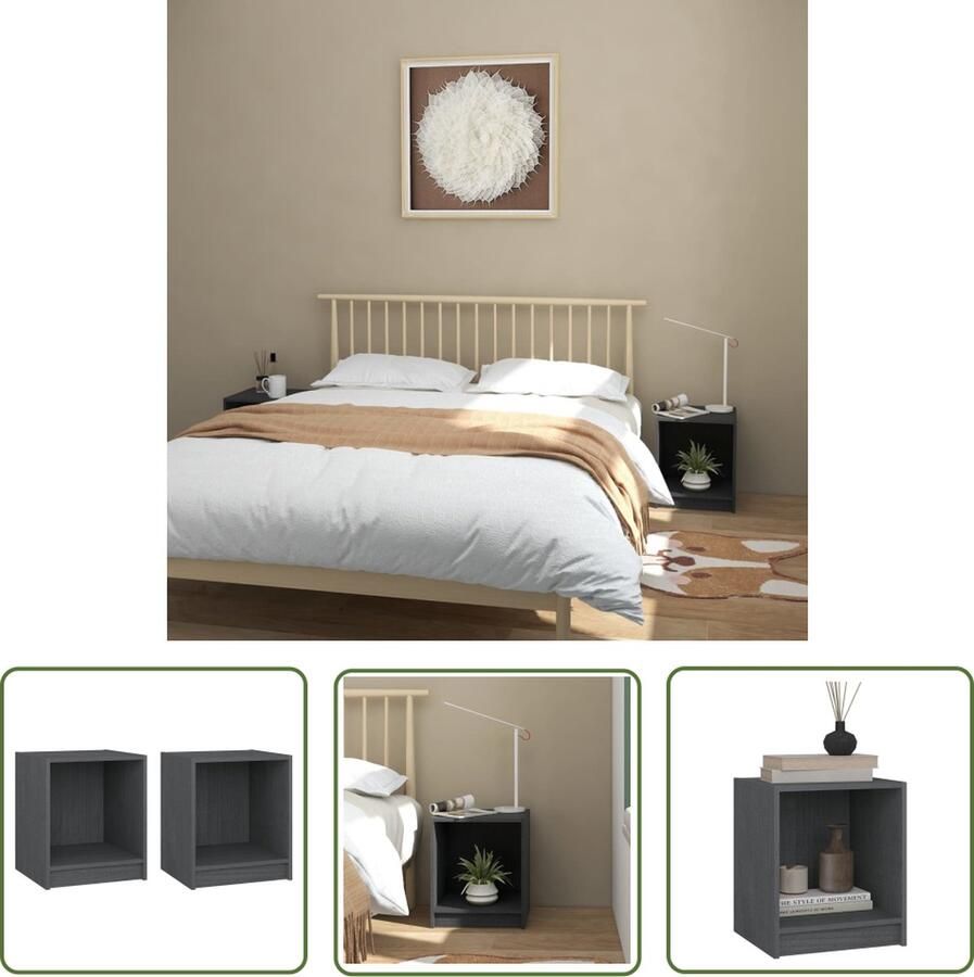 The Living Store Houten Nachtkastjes Grijs 35.5 x 33.5 x 41.5 cm Massief grenenhout Nachtkastjes Houten Meubilair Grenoble Hout Slaapkamers Designmeubelen - Foto 2