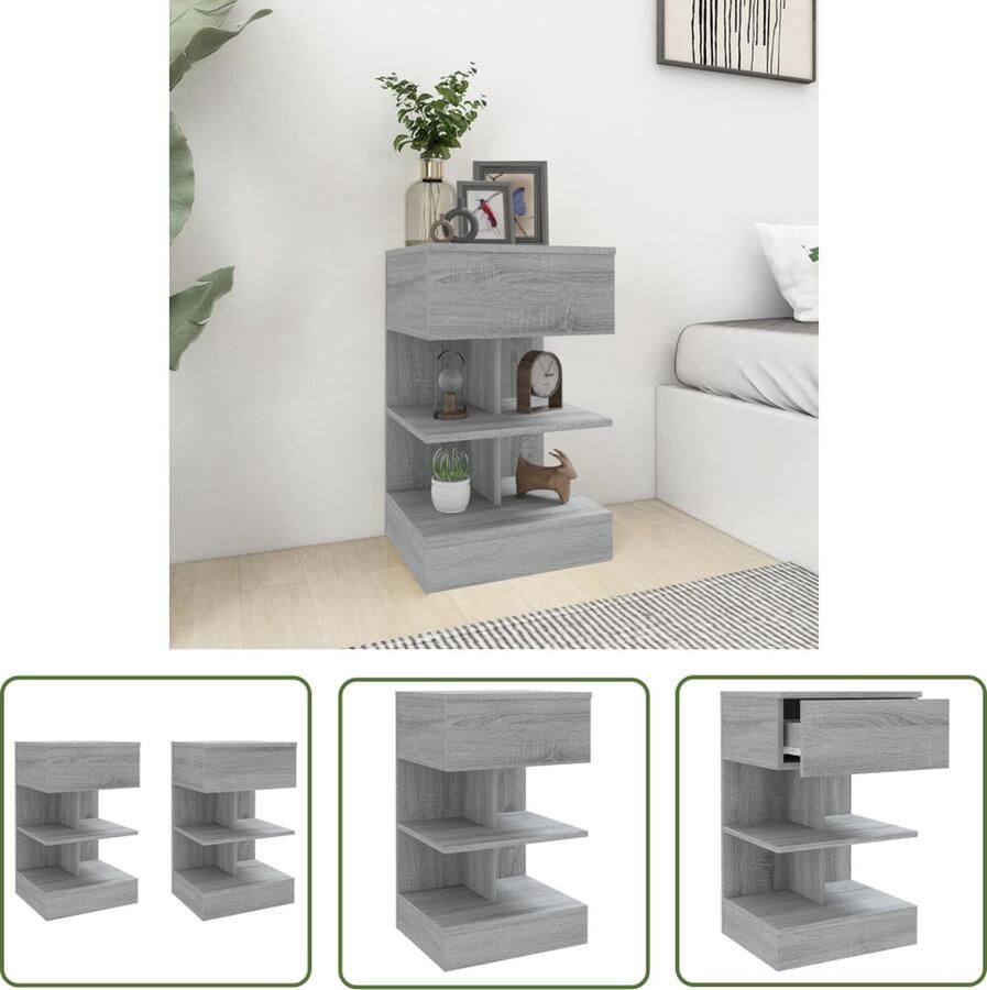 The Living Store Nachtkastjes Grijze Sonoma Eiken 40x35x65 cm Bewerkt Hout Set van 2 Nachtkaste Houten NachtKast Grijze NachtKasten Sonoma Eiken Meubilair Slaapkamersdecoratie - Foto 2