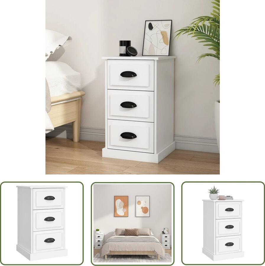 The Living Store Nachtkastje Trendy 3 lades 39 x 39 x 67 cm Wit Nachtkastje Houten Nachtkastje Wit Nachtkastje Trendynachtkastje Opbergkast - Foto 2