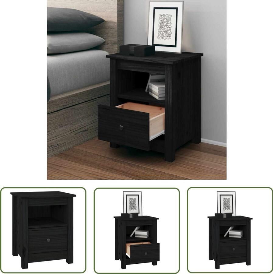 The Living Store Nachtkastje 40x35x49 cm massief grenenhout zwart Nachtkastje Houten Nachtkastje Zwart Grenenhouthouten Meubilair Slaapkamersdecoratie - Foto 2