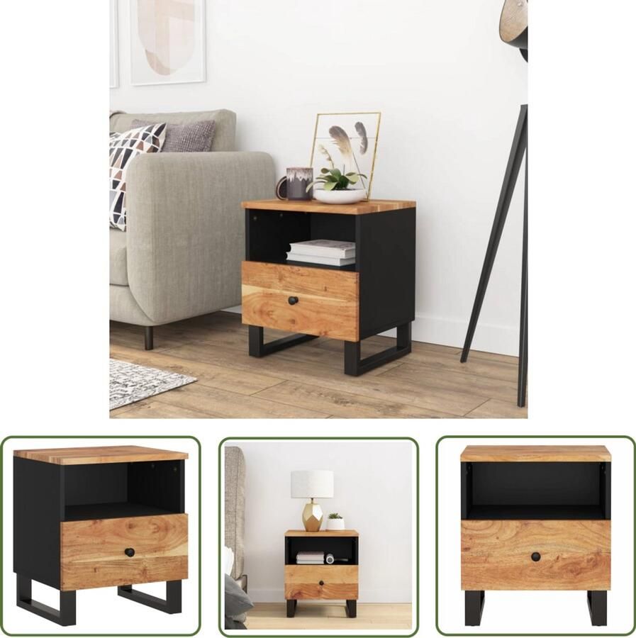 The Living Store Nachtkastje Industrieel Massief Acaciahout 40 x 31 x 46 cm Nachtkastje Industrieel Houten Nachtkastje Acacia Meubilair Slaapkamer Accessoires Opbergkastje - Foto 3