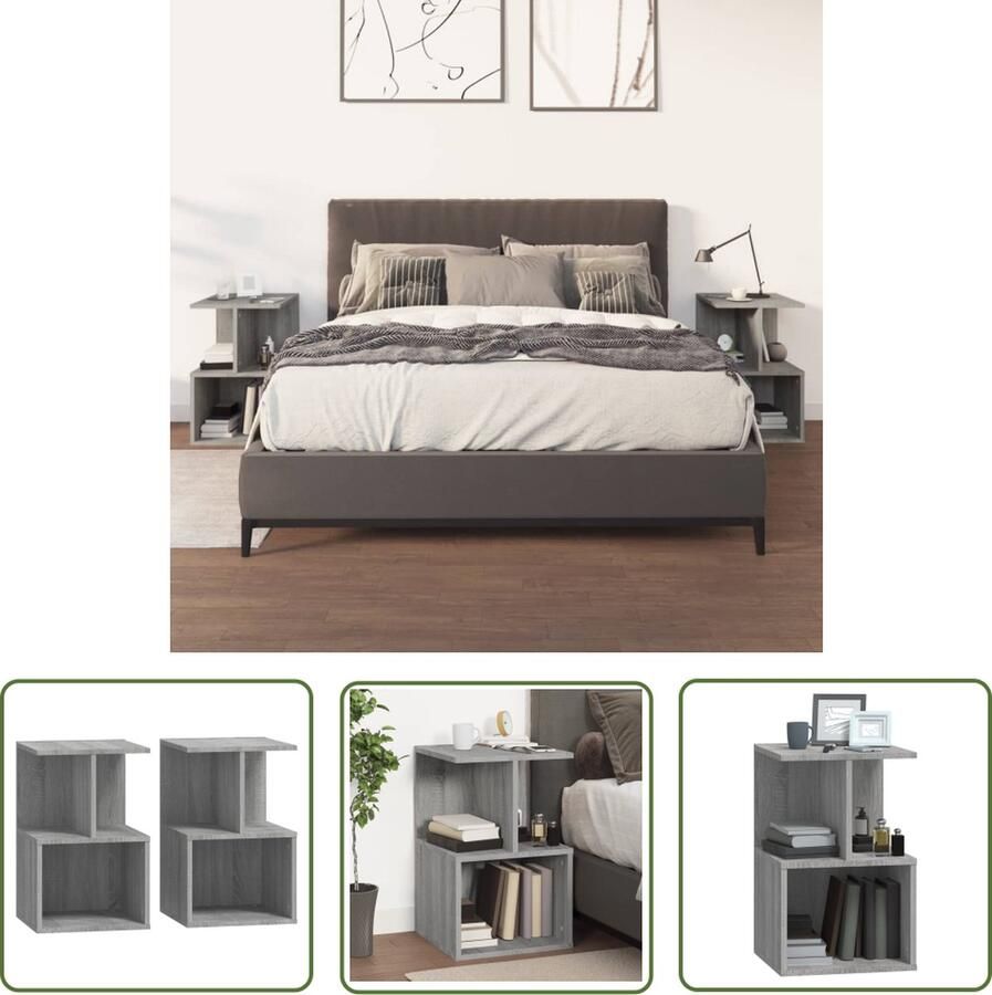 The Living Store Nachtkastje naam- Grijze Sonoma eiken Afmetingen- 35x35x55 cm Bewerkt hout Nachtkastje Houten Nachtkastje Grijze Nachtkastje Sonoma Eiken Bedroom Furniture - Foto 2