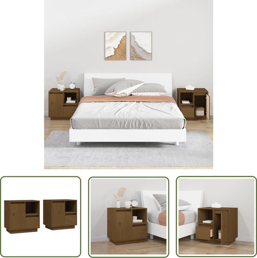 The Living Store Nachtkastjes 2 st 50x34x50 cm massief grenenhout honingbruin Nachtkastje Houten Nachtkastje Grenenhouten Nachtkastje Bruine Nachtkastje Slaapkamersdecoratie - Foto 2