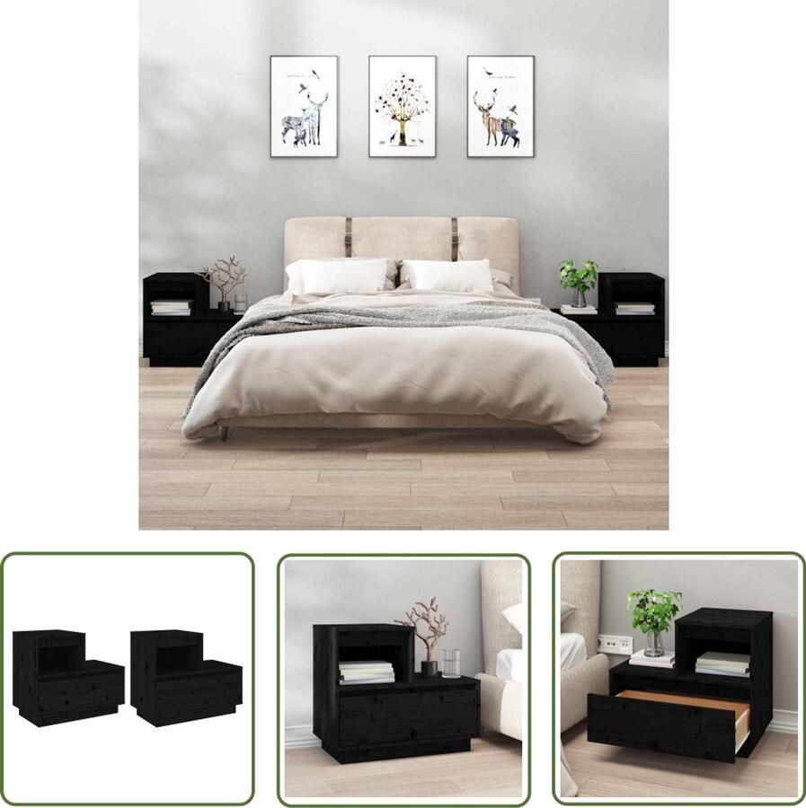 The Living Store Nachtkastjes 2 st 60x34x51 cm massief grenenhout zwart Nachtkastje Houten Nachtkastje Grenenhouten Nachtkastje Zwarte Nachtkastje Slaapkamermeubilair - Foto 3
