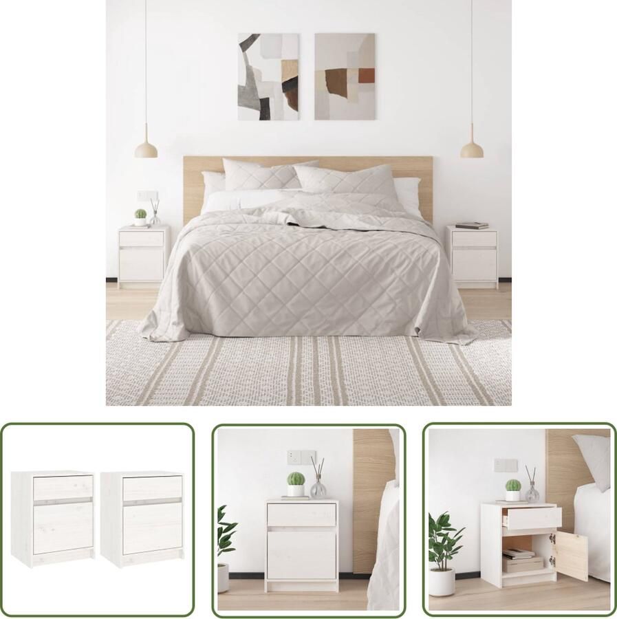 The Living Store Nachtkastjes Houten Nachtkasten Wit Afmetingen- 40 x 31 x 50 cm Massief Grenenhout Nachtkastjes Houten Nachtkastjes Nachtkast Nacht Kast Slaapkamers - Foto 2