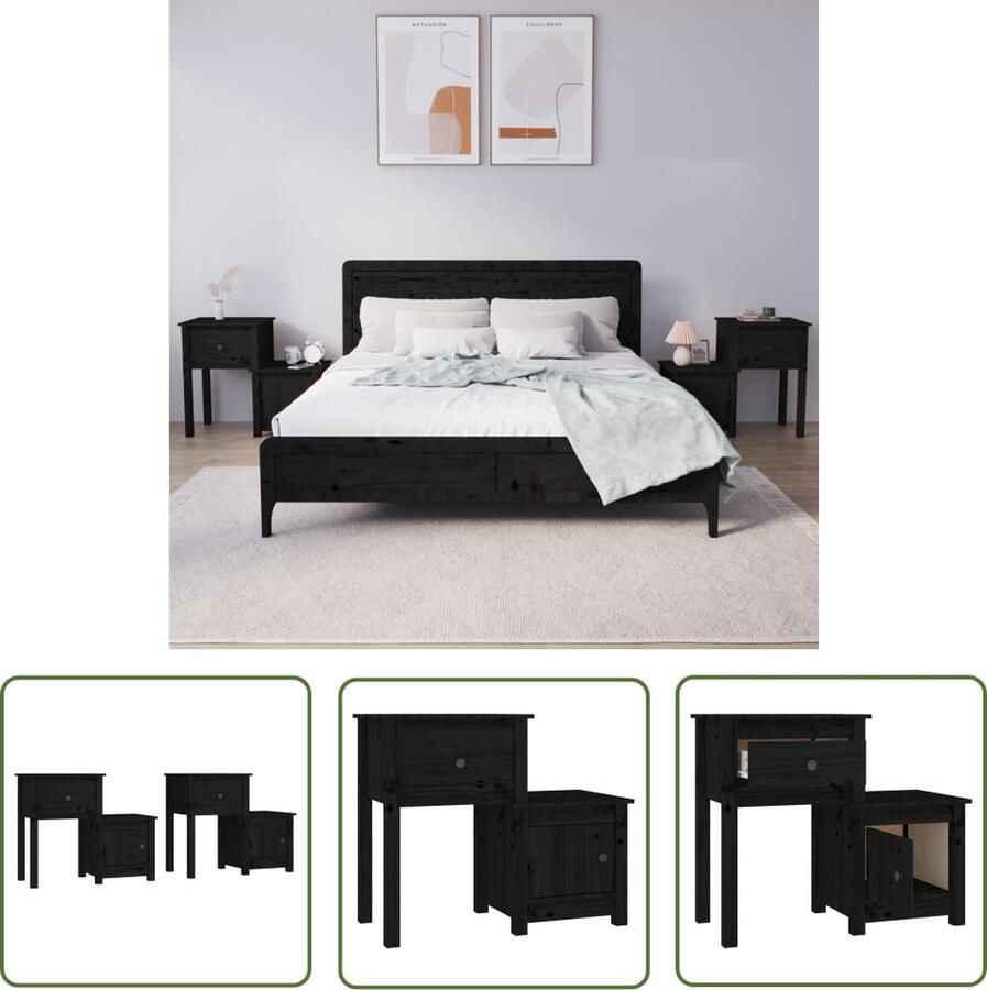 The Living Store Nachtkastjes 2 st 79 5x38x65 5 cm massief grenenhout zwart Nachtkastjes Houten Nachtkastjes Nachtkasten Slaapkamersdecoratie Grenoble Hout - Foto 2