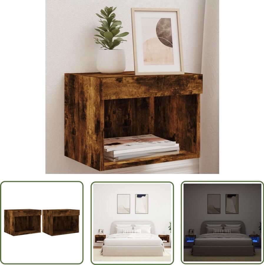 VidaXL Houten Nachtstandaard Nachtkasten Nachtkastjes met LED's 2 st wandgemonteerd gerookt eikenkleurig Led Lampen Slaapkamersdecoratie Bruine Meubelstukken