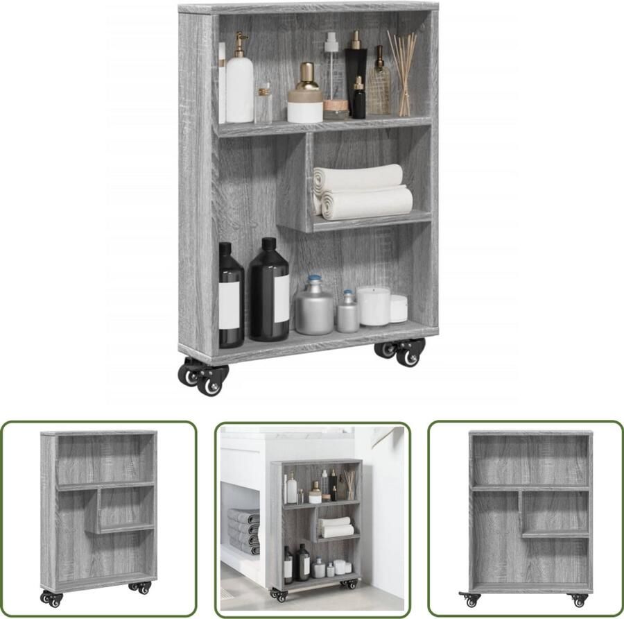 The Living Store Opbergtrolley smal 48x13x68 cm bewerkt hout grijs sonoma eiken Opbergtrolley Houten Opbergkast Grijze Opbergwagen Slimme Opberger Multifunctionele Trolley