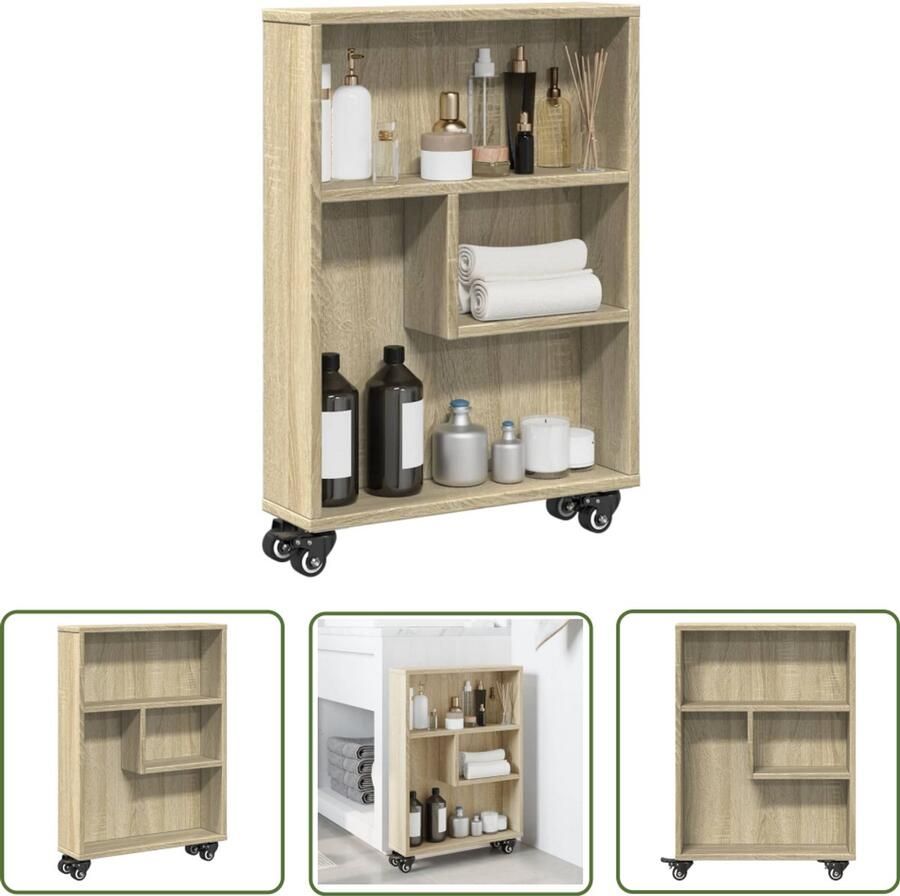 The Living Store Opbergtrolley smal 48x13x68 cm bewerkt hout sonoma eikenkleurig Opbergtrolley Houten Opbergkast Slimme Oplossingen Woonaccessoire Keukenkasten