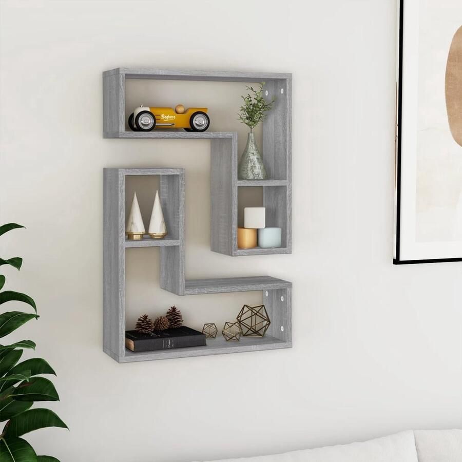 The Living Store Wandschappen 2 st 50x15x50 cm bewerkt hout grijs sonoma eiken Wanddecoratie Zwevende Plank Houten Wandplank Grijze Wandplank Salon Meubilair