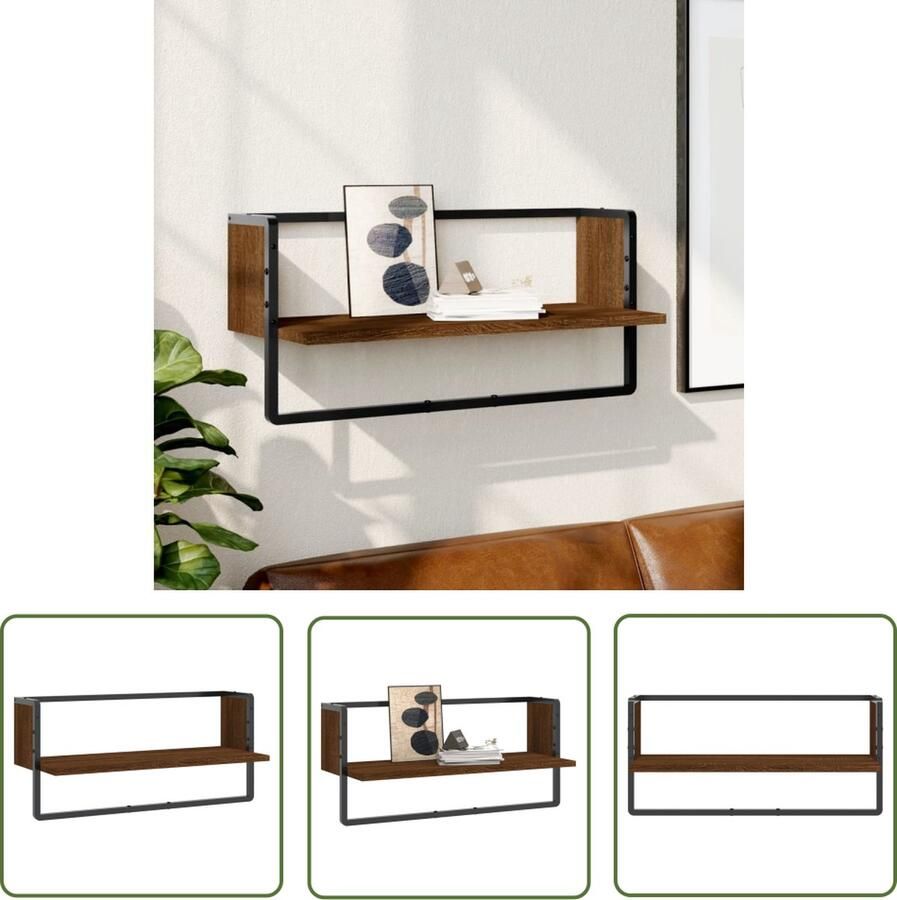 The Living Store Wandschap met stang 65x25x30 cm bruin eikenkleur Wanddecoratie Woonaccessoires Houten Wandplank Wandkastje Opbergruimte - Foto 2
