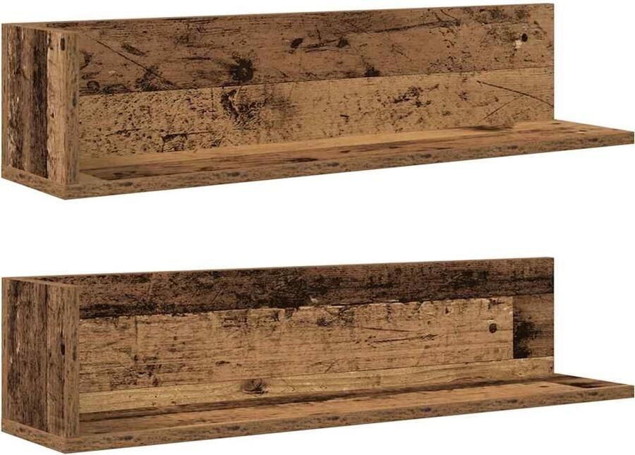 The Living Store Wandschappen 2 st 75x16 5x16 5 cm bewerkt hout oud houtkleurig Wandplank Houten Plank Opbergplank Decoratie Plank Zwevende Plank