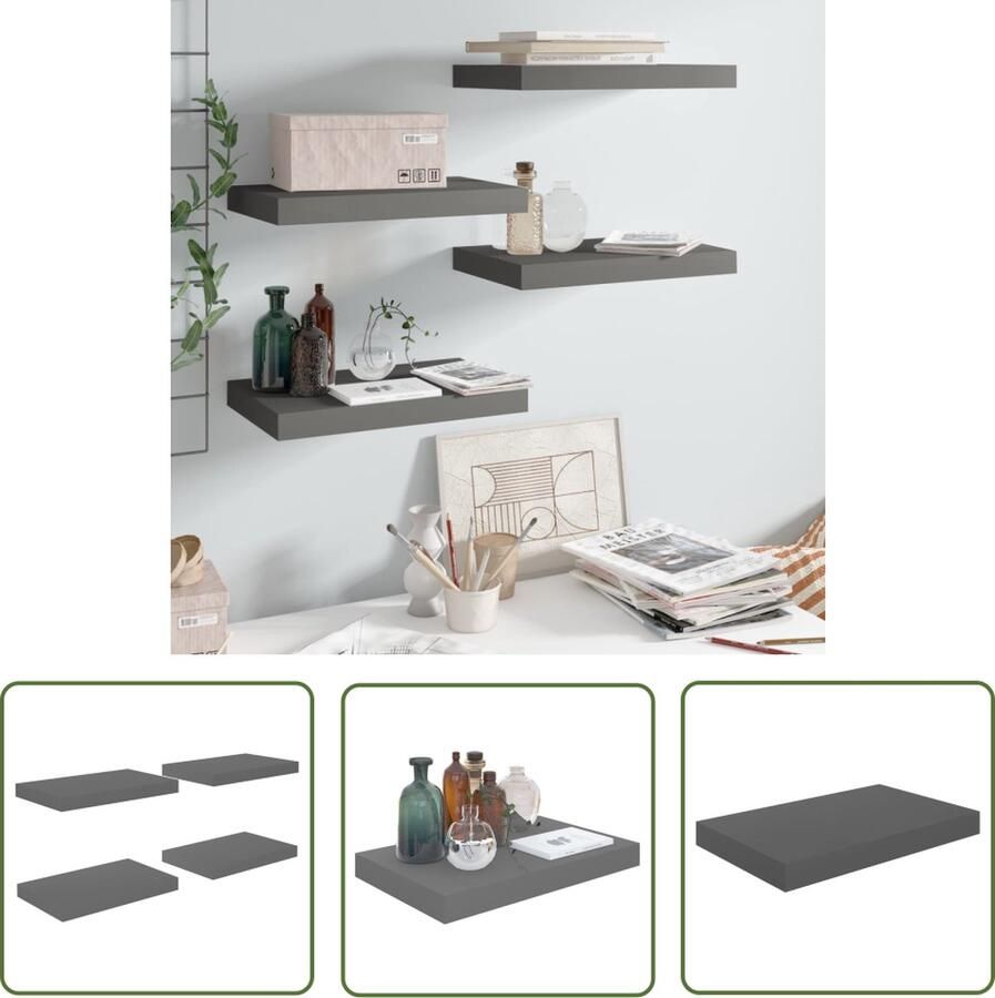 The Living Store Wandplankenset Stijlvolle Wandplanken Afmeting- 40x23x3.8cm Ken- Onzichtbaar montagesysteem Kleur- Hoogglans grijs Materiaal- Honingraat MDF en metaal