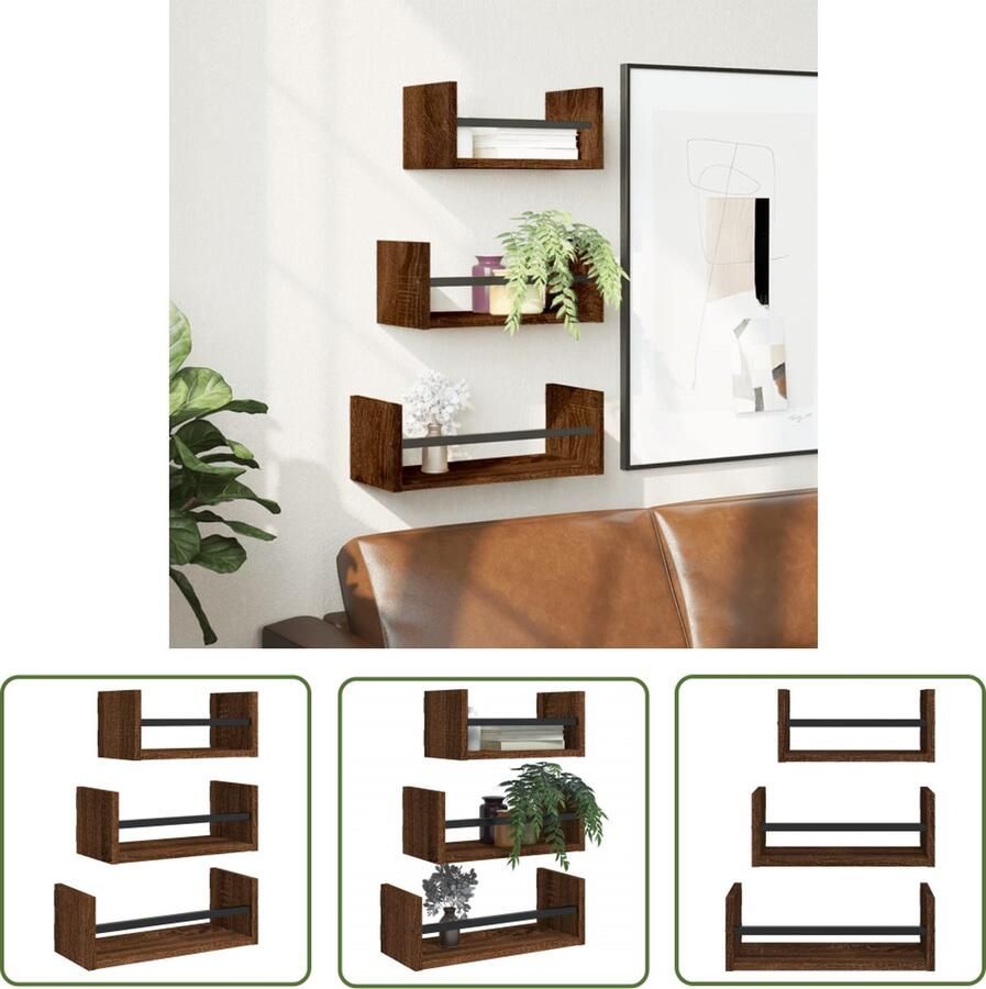 The Living Store 3-delige Wandschappenset met stangen bewerkt hout bruineiken Zwevende Wanden Wandplanken Houten Wandregels Bruine Meubilair Opbergoplossing