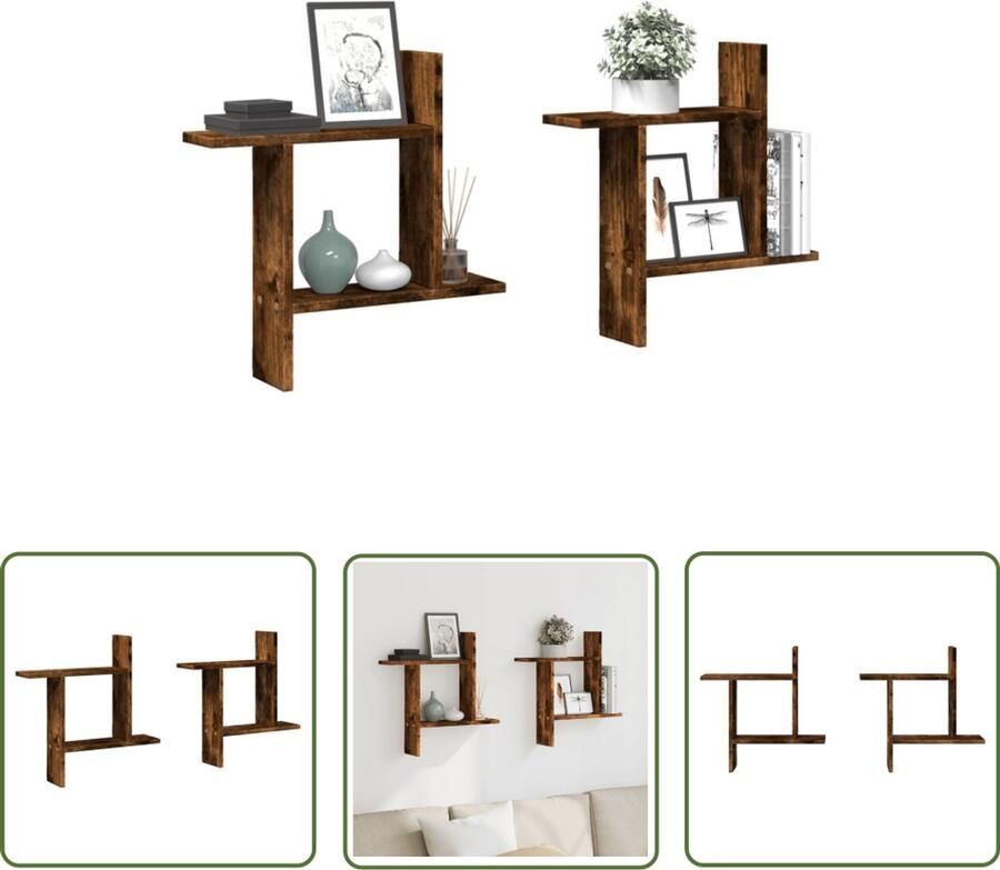 VidaXL Houten Planken Wandplanken Wandschappen 2 st 50x12x50 cm bewerkt hout gerookt eikenkleurig Bergruimte Opslagoplossing Decoratie