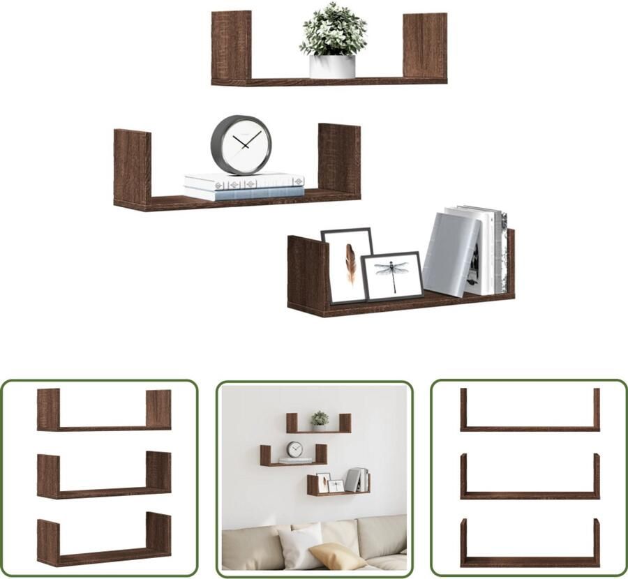 VidaXL Wandschappen 3 st 58x18x18 cm bewerkt hout bruin eikenkleurig Wandplanken Houten Planken Opbergplank Schelpjeskast Decoratie Plank
