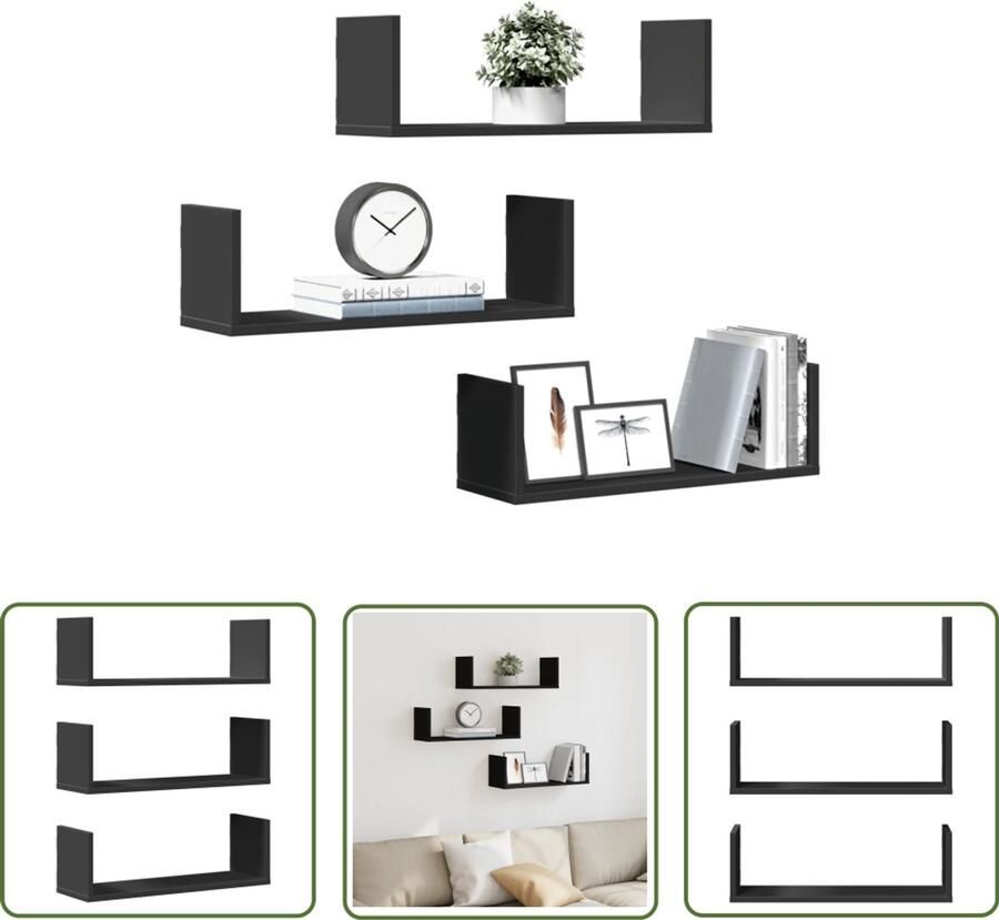 VidaXL Houten Planken Wandplanken Wandschappen 3 st 58x18x18 cm bewerkt hout zwart Opbergplank Designkast Kastdeur