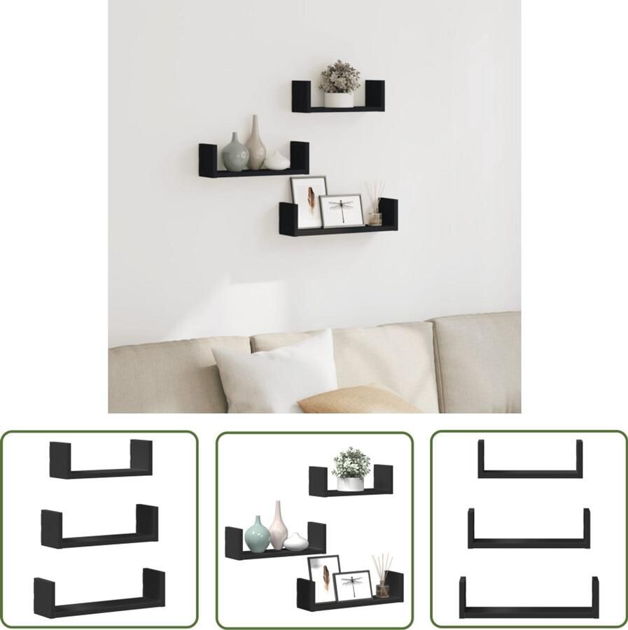 VidaXL Houten Planken Wandplanken Wandschappen 3 st bewerkt hout zwart Zwarte Wandenplank Opbergmogelijkheden Decoratie