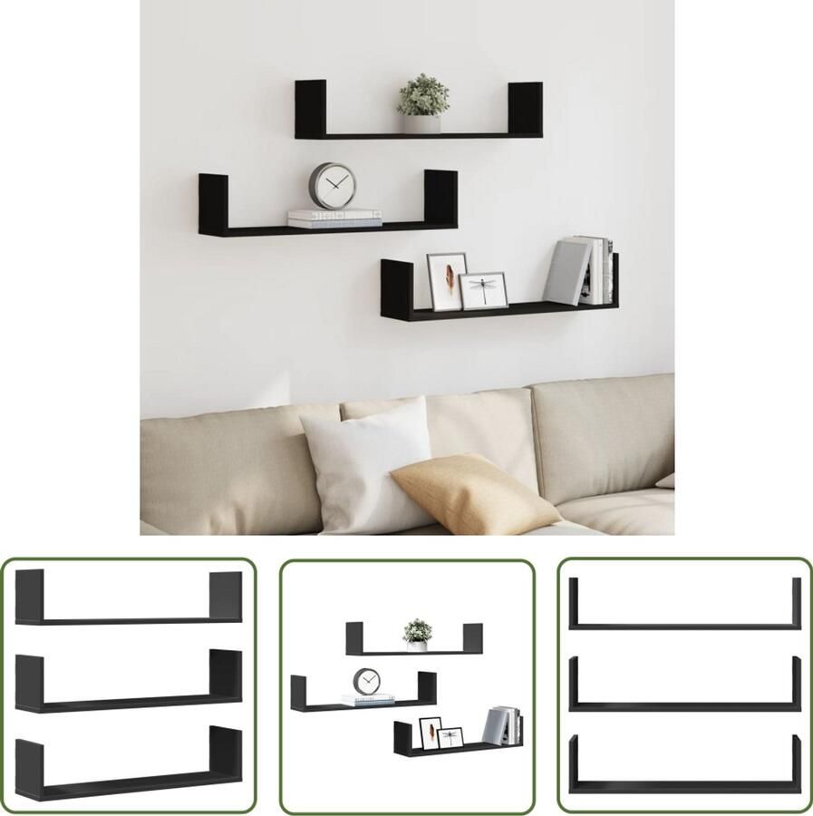 VidaXL Houten Plankjes Wandplanken Wandschappen 3 st 80x18x18 cm bewerkt hout zwart Opbergsysteem Decoratie Muurschildering Zwarte Kast