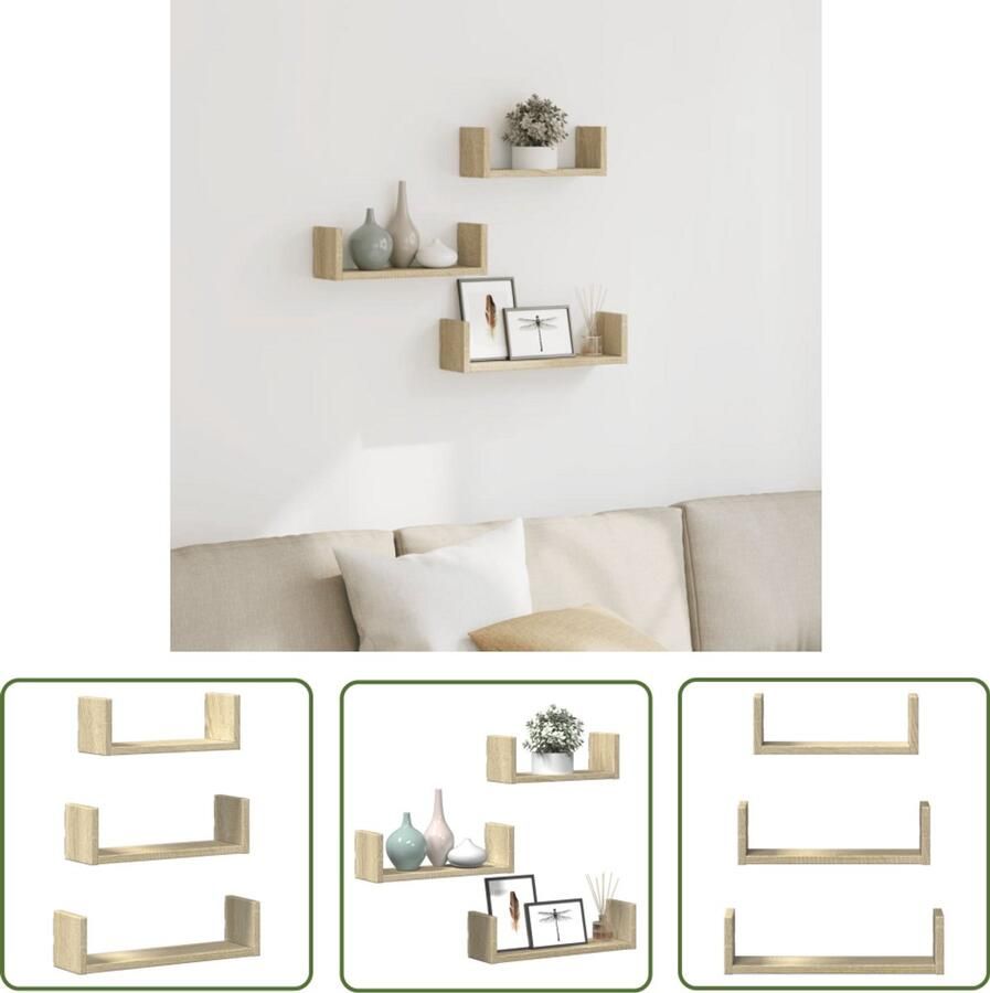 VidaXL Houten Plankjes Wandplanken Wandschappen 3 st bewerkt hout sonoma eikenkleurig Opslagoplossing Sonoma Eiken Designplank