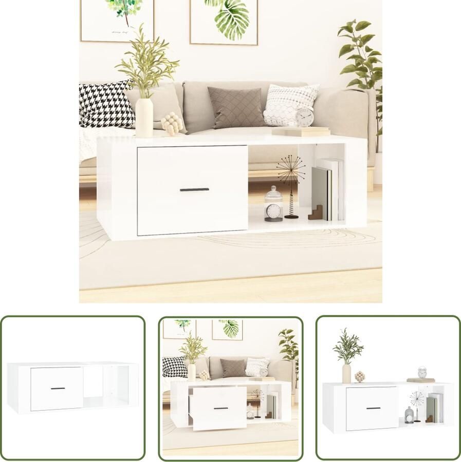The Living Store Salontafel Hoogglans wit 100 x 50.5 x 35 cm Duurzaam materiaal Salontafel Houten Salontafel Wit Salontafel Bijzettafel Tv Tafeltje - Foto 2
