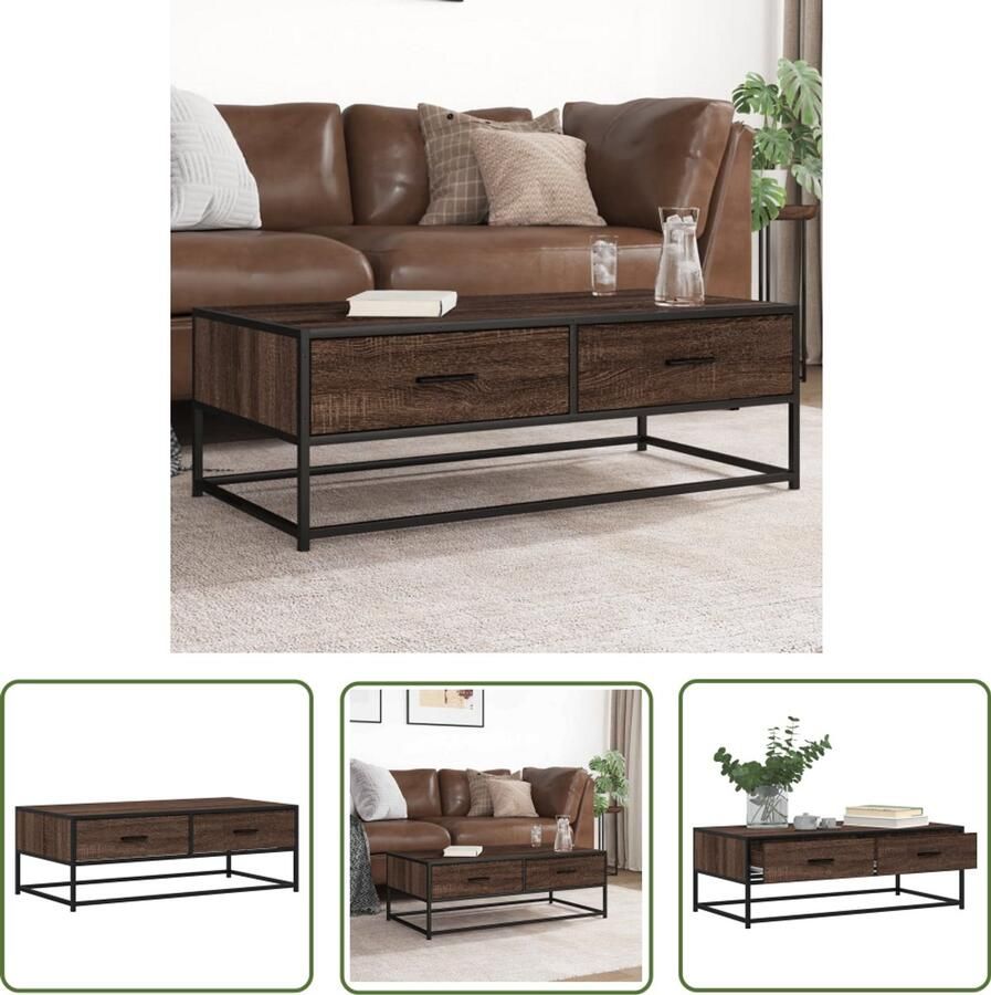 The Living Store Salontafel 100x50x35 cm bewerkt hout en metaal bruin eikenkleur Salontafel Houten Salontafel Industrieel Meubilair Bijzettafel Tv Tafeltje