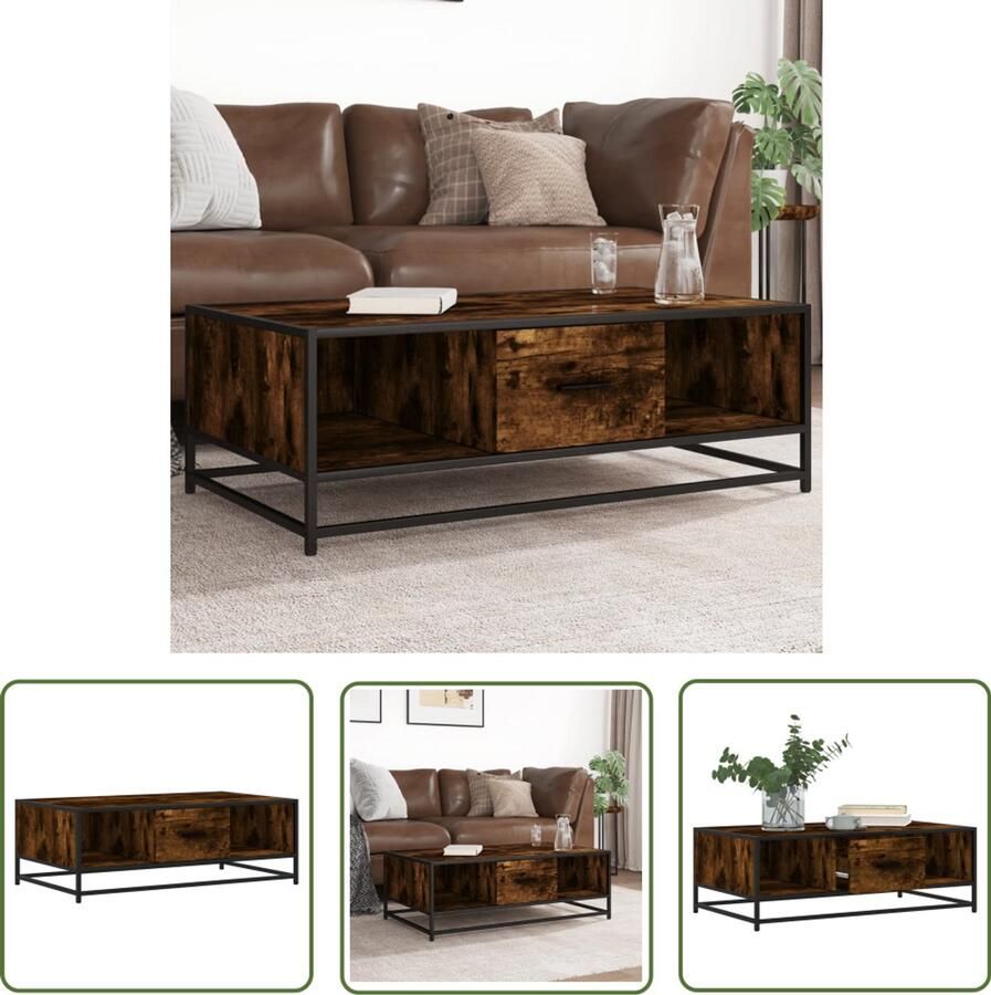 The Living Store Salontafel 100x57x35 cm bewerkt hout en metaal gerookt eiken Salontafel Houten Salontafel Bijzettafel Tv Tafeltje Stoffering