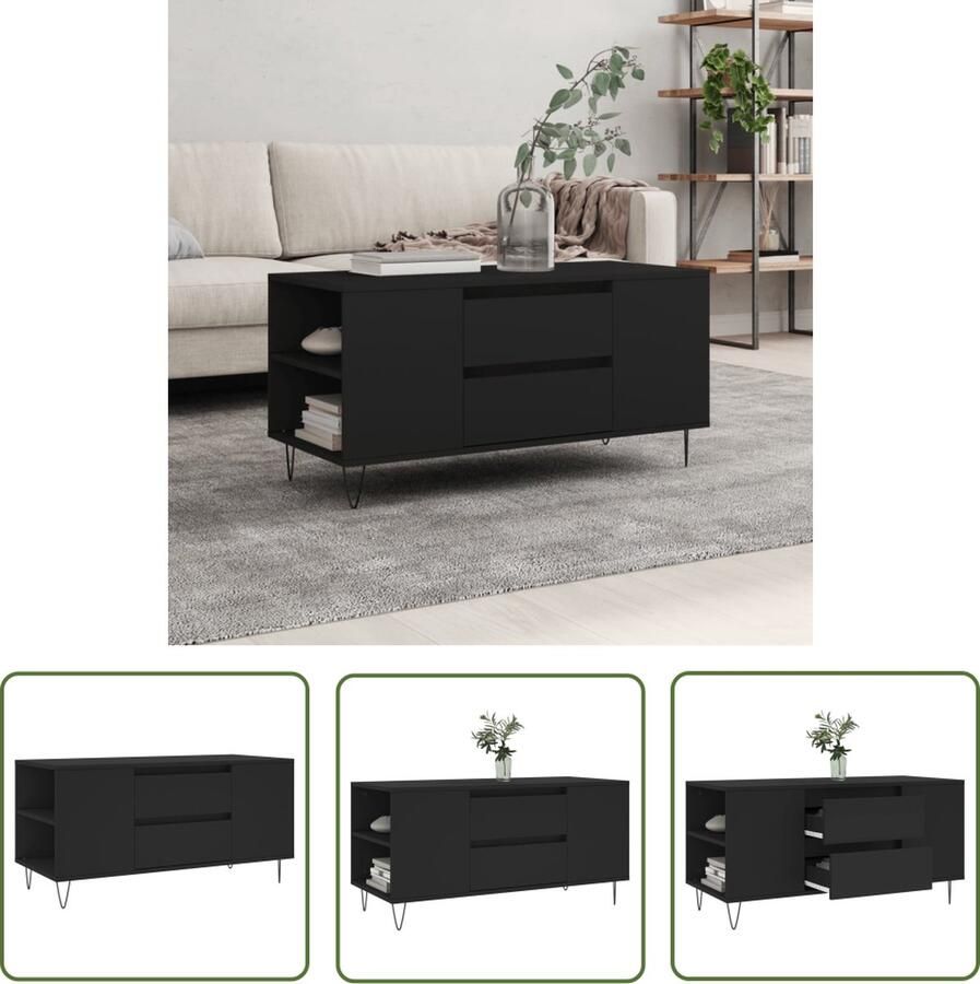 The Living Store Salontafel Bewerkt hout en metaal 102 x 44.5 x 50 cm 2 lades 4 vakken Salontafel Houten Salontafel Zwarte Salontafel Bijzettafel Tv Tafeltje