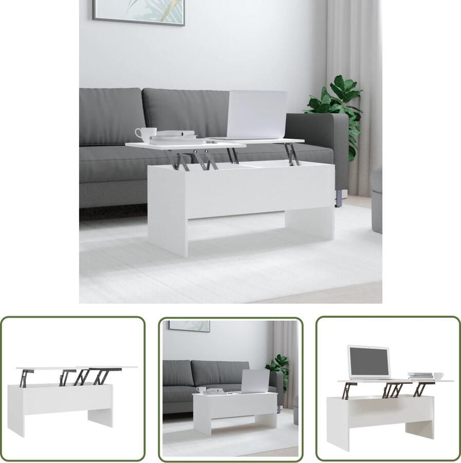 The Living Store Salontafel Bewerkt Hout 102 x 50.5 x 46.5 cm Wit Salontafel Houten Salontafel Wit Meubilair Bewerkthout Modern Design - Foto 2